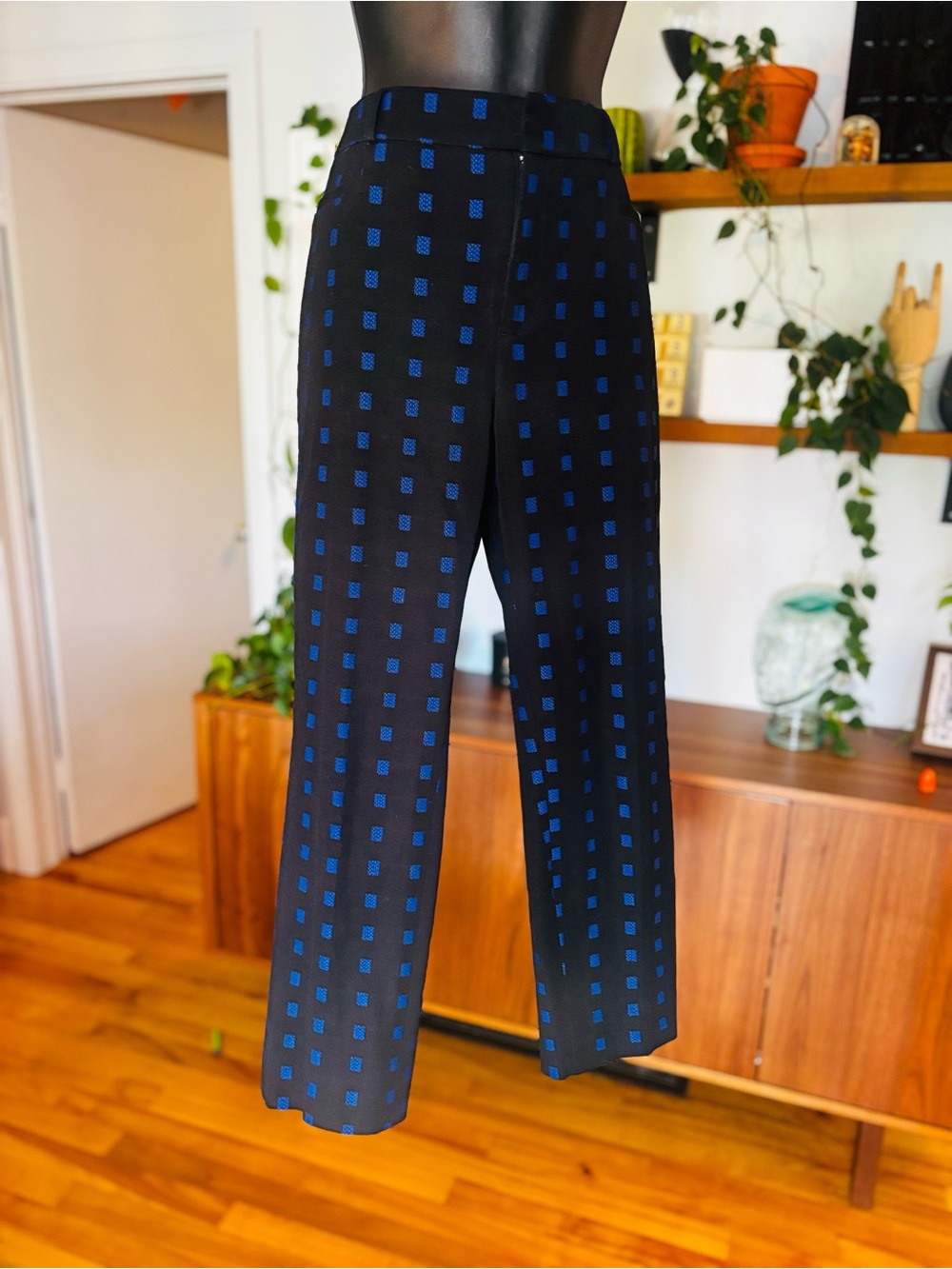 Banana Republic Sloan Slim Ankle Pants Black Royal Blue Geometric Pattern